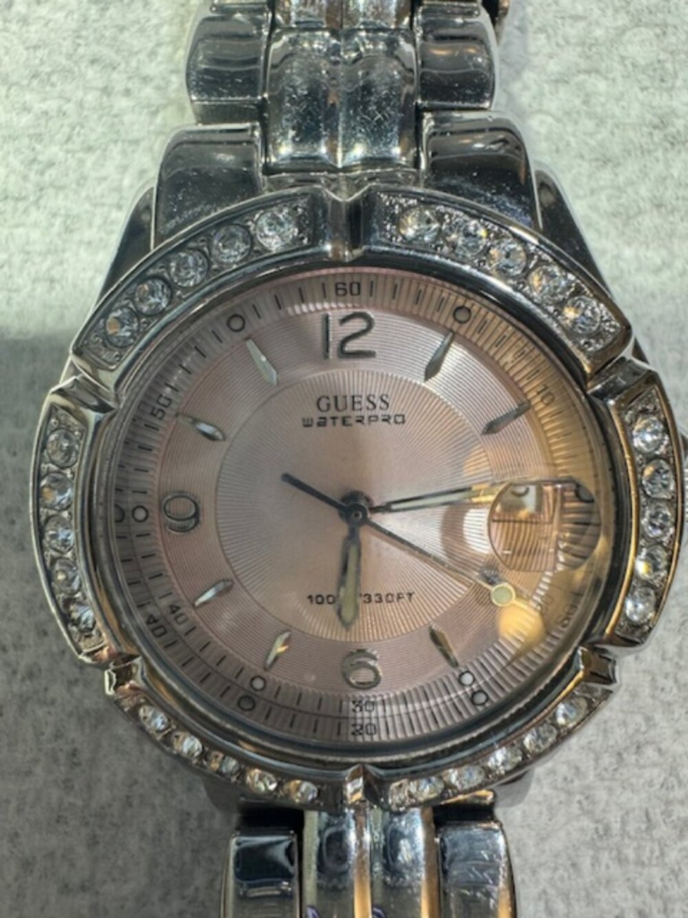 Vintage Guess Chunky Silver Watch with Rhinestone Bezel Pale Pink Face